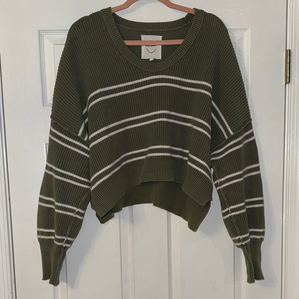 Aerie Green and White Oversized Striped Cropped Sweater